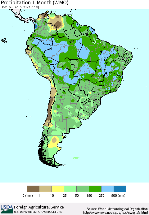 South America Precipitation 1-Month (WMO) Thematic Map For 12/6/2021 - 1/5/2022
