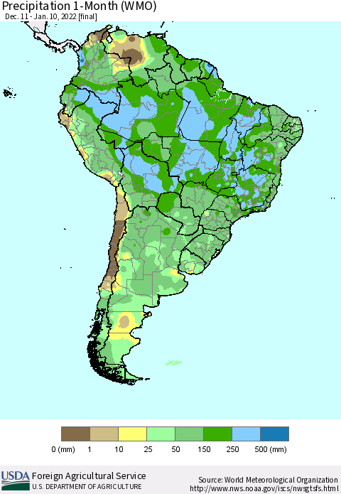 South America Precipitation 1-Month (WMO) Thematic Map For 12/11/2021 - 1/10/2022