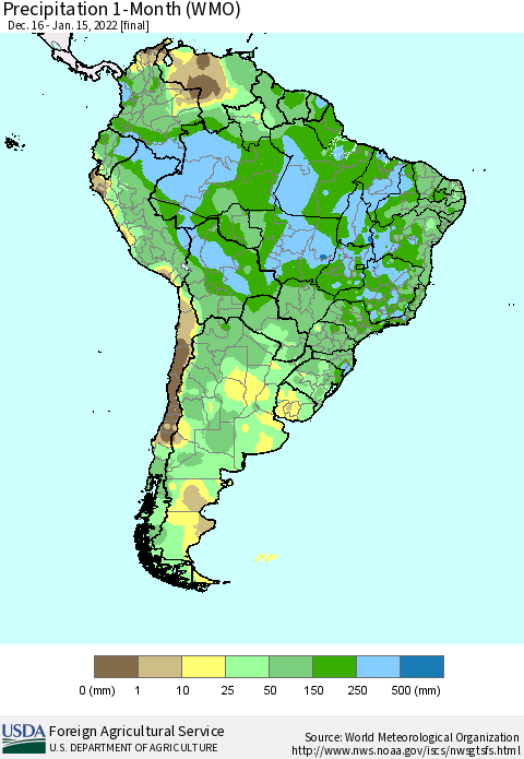 South America Precipitation 1-Month (WMO) Thematic Map For 12/16/2021 - 1/15/2022