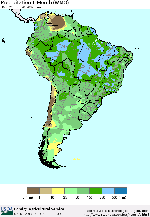 South America Precipitation 1-Month (WMO) Thematic Map For 12/21/2021 - 1/20/2022