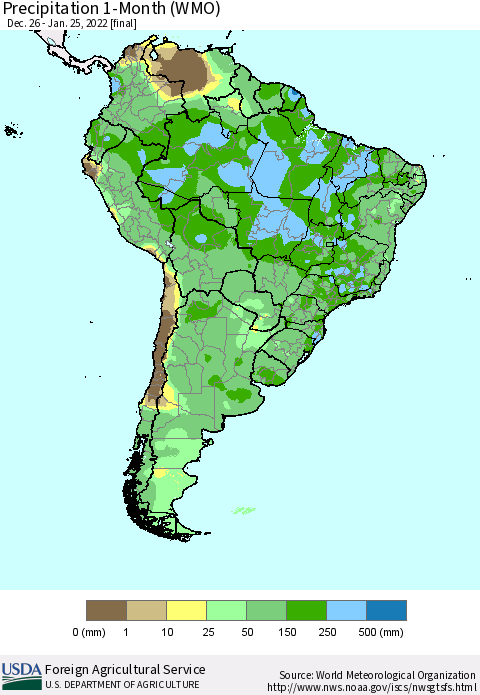 South America Precipitation 1-Month (WMO) Thematic Map For 12/26/2021 - 1/25/2022