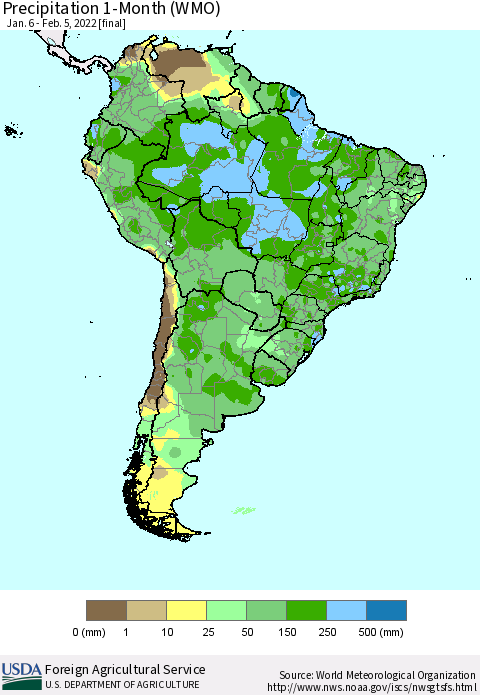 South America Precipitation 1-Month (WMO) Thematic Map For 1/6/2022 - 2/5/2022
