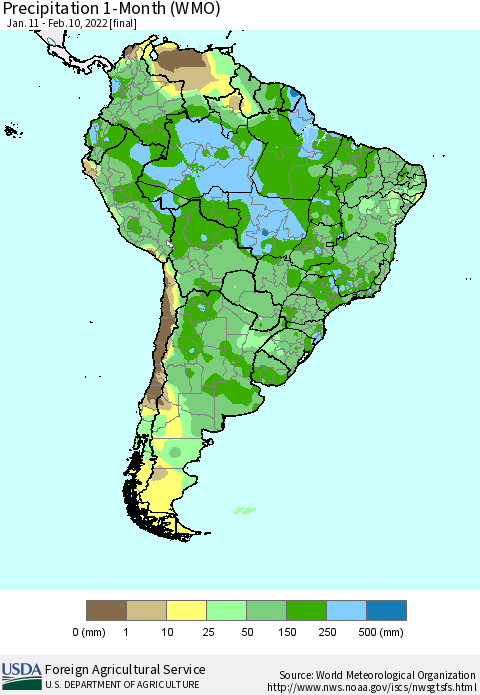 South America Precipitation 1-Month (WMO) Thematic Map For 1/11/2022 - 2/10/2022