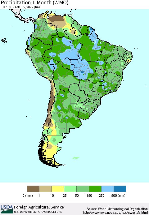 South America Precipitation 1-Month (WMO) Thematic Map For 1/16/2022 - 2/15/2022