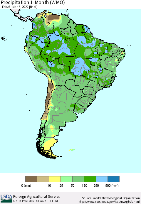 South America Precipitation 1-Month (WMO) Thematic Map For 2/6/2022 - 3/5/2022