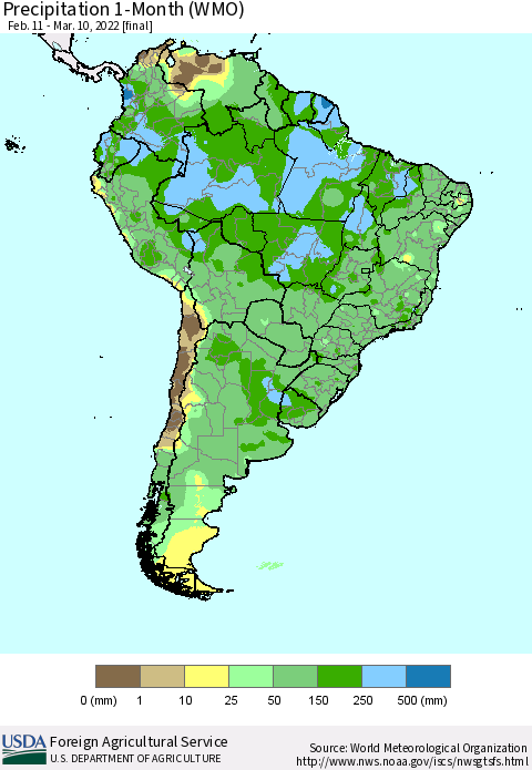 South America Precipitation 1-Month (WMO) Thematic Map For 2/11/2022 - 3/10/2022