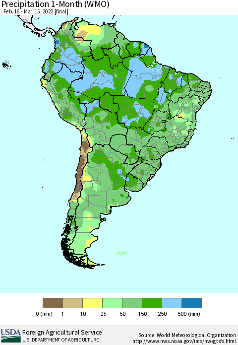 South America Precipitation 1-Month (WMO) Thematic Map For 2/16/2022 - 3/15/2022