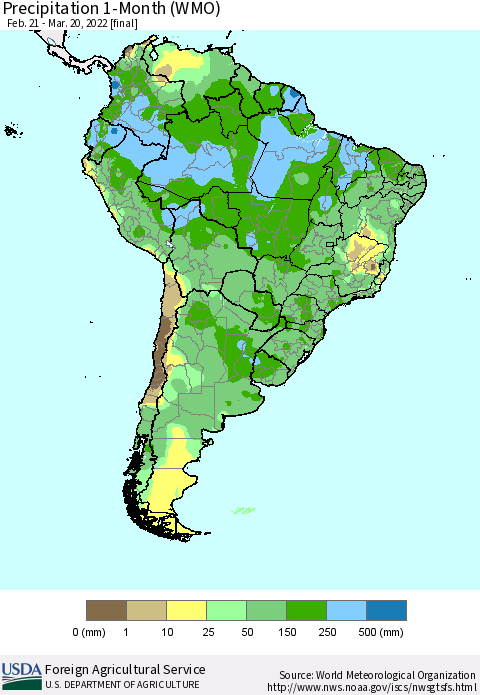 South America Precipitation 1-Month (WMO) Thematic Map For 2/21/2022 - 3/20/2022