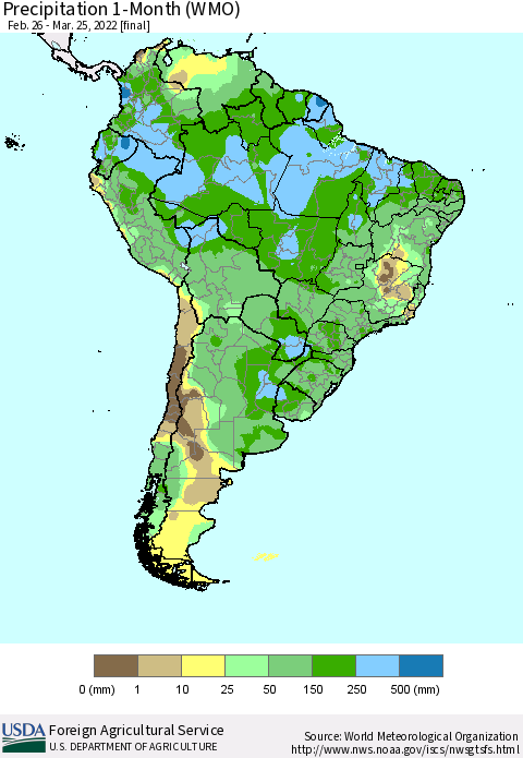 South America Precipitation 1-Month (WMO) Thematic Map For 2/26/2022 - 3/25/2022