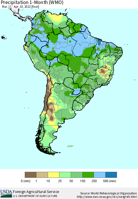 South America Precipitation 1-Month (WMO) Thematic Map For 3/11/2022 - 4/10/2022