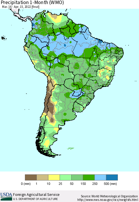 South America Precipitation 1-Month (WMO) Thematic Map For 3/16/2022 - 4/15/2022