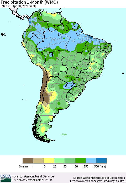 South America Precipitation 1-Month (WMO) Thematic Map For 3/21/2022 - 4/20/2022