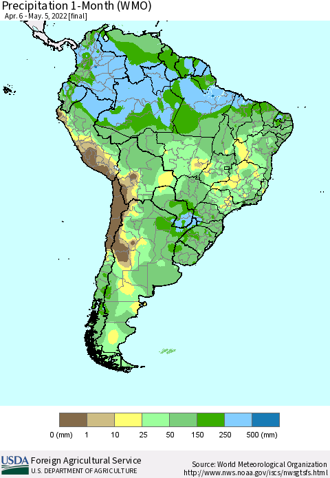 South America Precipitation 1-Month (WMO) Thematic Map For 4/6/2022 - 5/5/2022