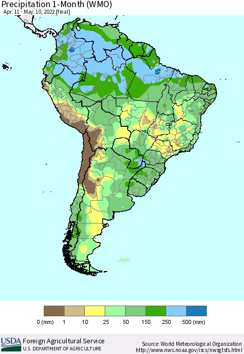 South America Precipitation 1-Month (WMO) Thematic Map For 4/11/2022 - 5/10/2022
