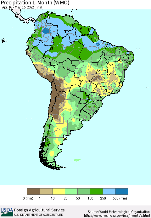 South America Precipitation 1-Month (WMO) Thematic Map For 4/16/2022 - 5/15/2022