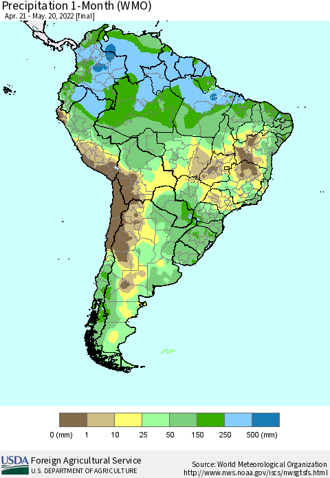 South America Precipitation 1-Month (WMO) Thematic Map For 4/21/2022 - 5/20/2022