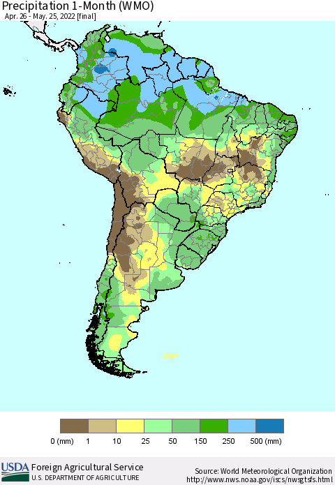 South America Precipitation 1-Month (WMO) Thematic Map For 4/26/2022 - 5/25/2022