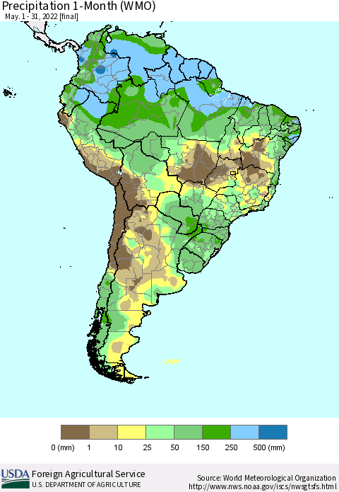 South America Precipitation 1-Month (WMO) Thematic Map For 5/1/2022 - 5/31/2022