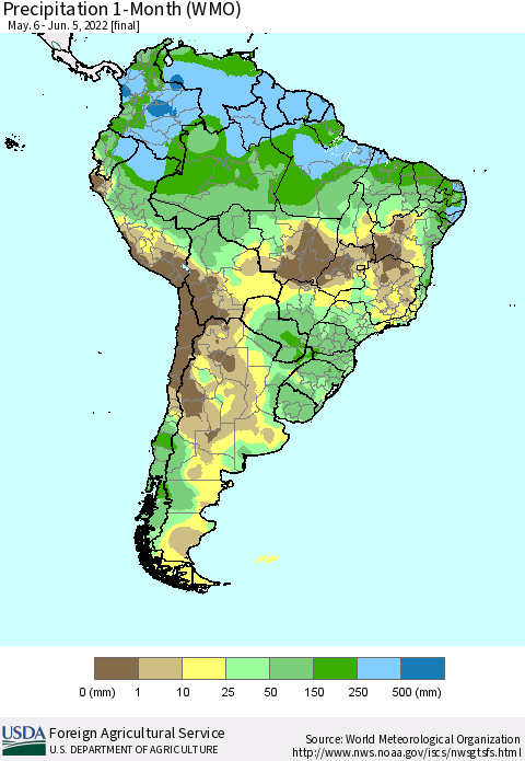 South America Precipitation 1-Month (WMO) Thematic Map For 5/6/2022 - 6/5/2022