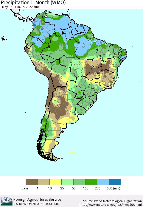 South America Precipitation 1-Month (WMO) Thematic Map For 5/16/2022 - 6/15/2022