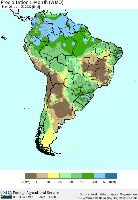 South America Precipitation 1-Month (WMO) Thematic Map For 5/26/2022 - 6/25/2022
