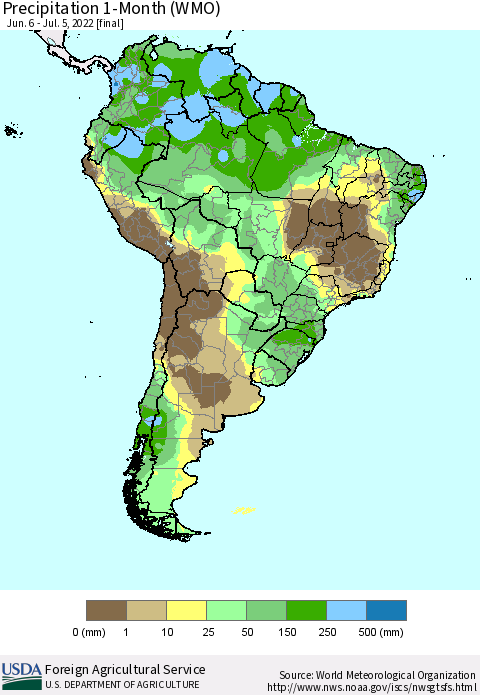 South America Precipitation 1-Month (WMO) Thematic Map For 6/6/2022 - 7/5/2022