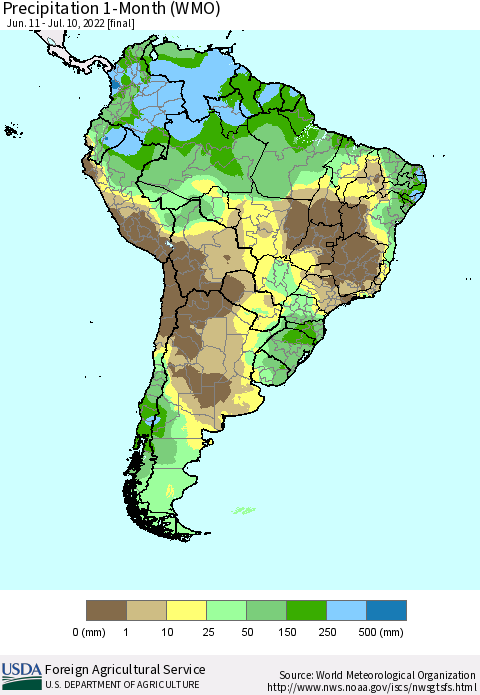 South America Precipitation 1-Month (WMO) Thematic Map For 6/11/2022 - 7/10/2022
