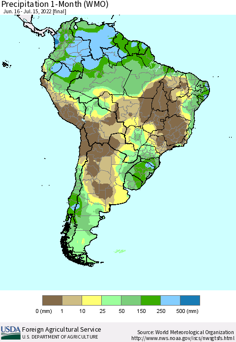 South America Precipitation 1-Month (WMO) Thematic Map For 6/16/2022 - 7/15/2022
