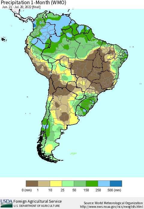 South America Precipitation 1-Month (WMO) Thematic Map For 6/21/2022 - 7/20/2022