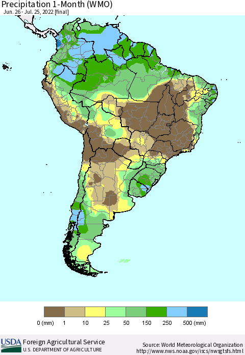 South America Precipitation 1-Month (WMO) Thematic Map For 6/26/2022 - 7/25/2022