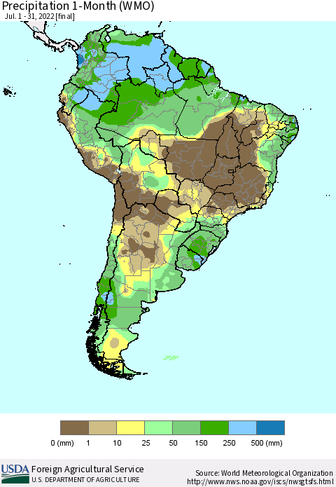 South America Precipitation 1-Month (WMO) Thematic Map For 7/1/2022 - 7/31/2022