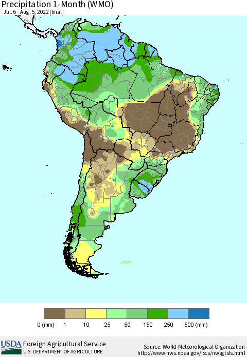 South America Precipitation 1-Month (WMO) Thematic Map For 7/6/2022 - 8/5/2022