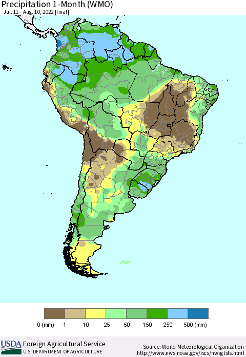 South America Precipitation 1-Month (WMO) Thematic Map For 7/11/2022 - 8/10/2022