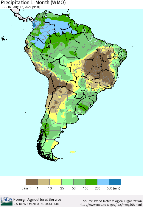 South America Precipitation 1-Month (WMO) Thematic Map For 7/16/2022 - 8/15/2022