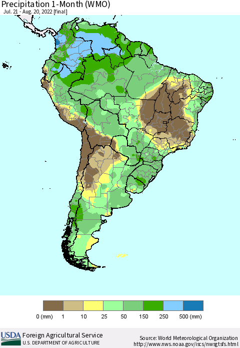 South America Precipitation 1-Month (WMO) Thematic Map For 7/21/2022 - 8/20/2022