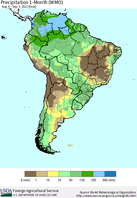 South America Precipitation 1-Month (WMO) Thematic Map For 8/6/2022 - 9/5/2022