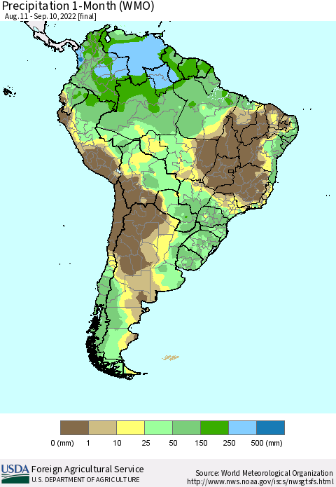 South America Precipitation 1-Month (WMO) Thematic Map For 8/11/2022 - 9/10/2022