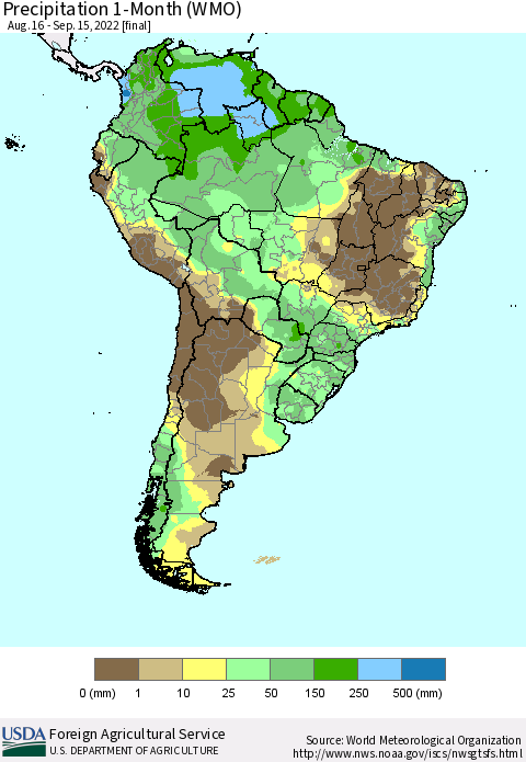 South America Precipitation 1-Month (WMO) Thematic Map For 8/16/2022 - 9/15/2022