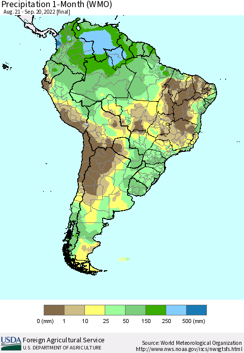 South America Precipitation 1-Month (WMO) Thematic Map For 8/21/2022 - 9/20/2022