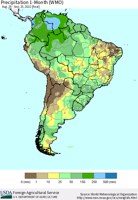 South America Precipitation 1-Month (WMO) Thematic Map For 8/26/2022 - 9/25/2022