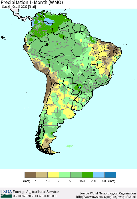 South America Precipitation 1-Month (WMO) Thematic Map For 9/6/2022 - 10/5/2022
