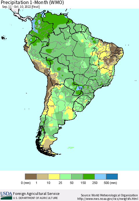 South America Precipitation 1-Month (WMO) Thematic Map For 9/11/2022 - 10/10/2022
