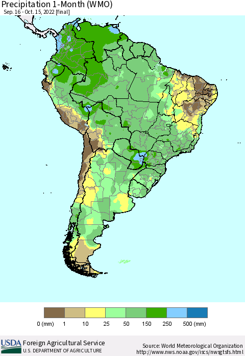 South America Precipitation 1-Month (WMO) Thematic Map For 9/16/2022 - 10/15/2022