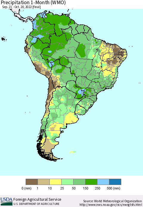 South America Precipitation 1-Month (WMO) Thematic Map For 9/21/2022 - 10/20/2022