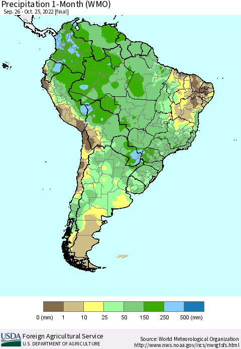 South America Precipitation 1-Month (WMO) Thematic Map For 9/26/2022 - 10/25/2022