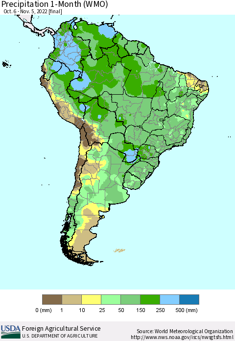 South America Precipitation 1-Month (WMO) Thematic Map For 10/6/2022 - 11/5/2022