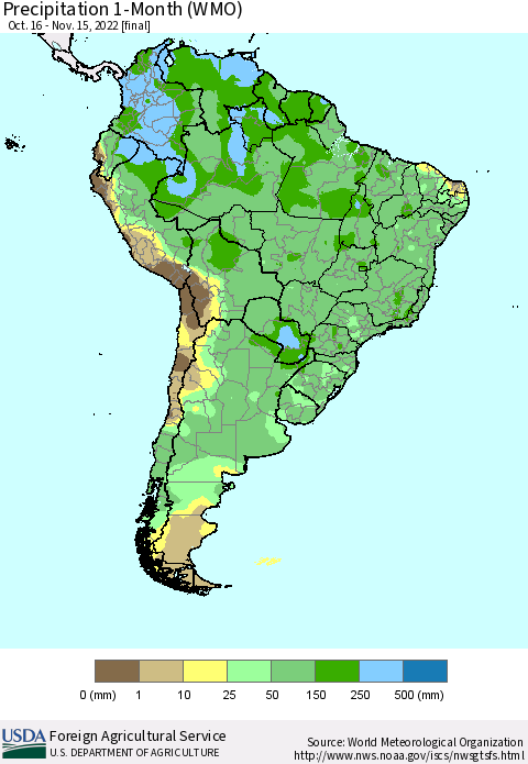 South America Precipitation 1-Month (WMO) Thematic Map For 10/16/2022 - 11/15/2022