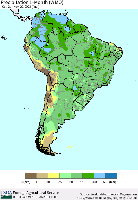 South America Precipitation 1-Month (WMO) Thematic Map For 10/21/2022 - 11/20/2022