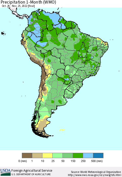 South America Precipitation 1-Month (WMO) Thematic Map For 10/26/2022 - 11/25/2022