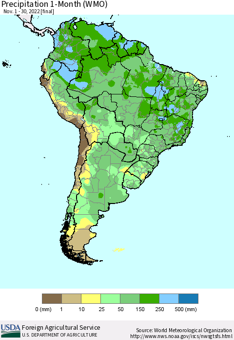 South America Precipitation 1-Month (WMO) Thematic Map For 11/1/2022 - 11/30/2022